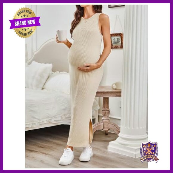 Maternity Maxi Dress Sleeveless Bodycon Tank Crew Neck Stretch Fabric - Picture 6 of 7